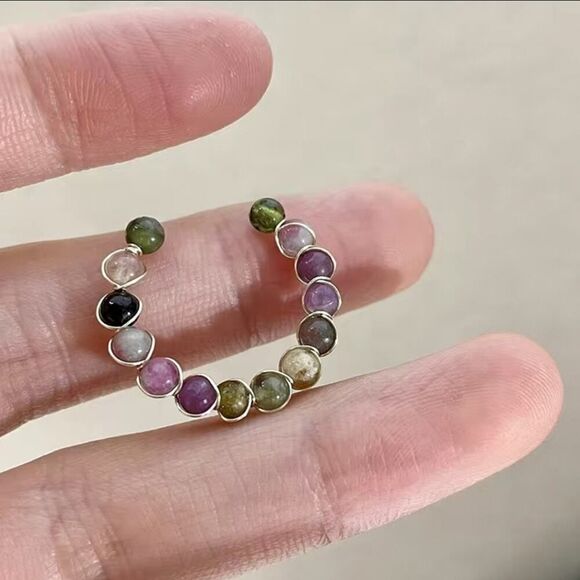 Rainbow Tourmaline Cuff Open Ring Fashion Beaded Adjustable Ring - Picture 6 of 7